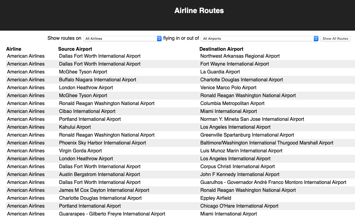 screenshot of Airline-Routes application